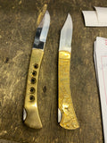 Vintage Brass Pocket Knifes 4" Folding Egyptian hieroglyphics Lockback Blade Lot