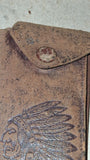 Vtg Distressed Brown Leather Key Case Snap Pouch Embossed Indian Chief Headdress