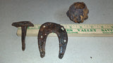 Antique Wrought Iron Relics Lot 3" Vtg Pony Horseshoe T-Spike & Cast Iron Sleeve