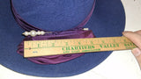 Vintage Betmar NY Wool Felt Wide Brim Hat  Blue Purple Satin Pearl Accent
