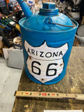 Vtg Blue Metal utility/oil gas can Arizona Route 66 Art Decor Handpainted Garage