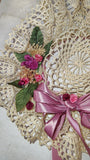 2 Vtg Shabby Chic Crochet Doily Bonnet Hat Wall Hanging Flower Lot 1980s