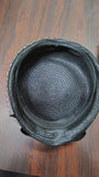 Vintage 1960s Black Straw Pillbox Hat Textured Mesh Grid Ribbon Bow Cocktail