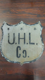 Antique UHL Co. Metal Shield Sign Industrial Advertising Highway Marker Vtg tin!