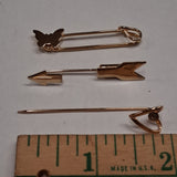 Vintage Gold Tone Pin Lot: Heart Rhinestone Stick, Arrow Lapel, Butterfly Safety