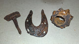 Antique Wrought Iron Relics Lot 3" Vtg Pony Horseshoe T-Spike & Cast Iron Sleeve