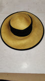 Vintage 1990s Fedoria Yellow Straw Wide Brim Sun Fedora Hat Black Trim