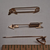 Vintage Gold Tone Pin Lot: Heart Rhinestone Stick, Arrow Lapel, Butterfly Safety