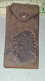Vtg Distressed Brown Leather Key Case Snap Pouch Embossed Indian Chief Headdress