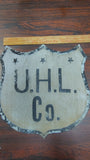 Antique UHL Co. Metal Shield Sign Industrial Advertising Highway Marker Vtg tin!
