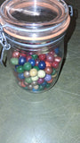 Vintage Arc France 1L Wire Bail Glass Jar Lot 150+ Antique Painted Clay Marbles