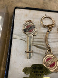Vtg Chrysler Key Blank Keychain Set Fobs Gold 50's Hot Rod Classic Display Case!