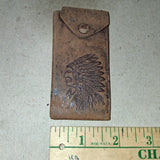 Vtg Distressed Brown Leather Key Case Snap Pouch Embossed Indian Chief Headdress