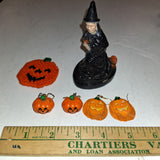 Vintage Plastic Halloween Witch Figurine Crocheted Jack O Lantern Pin Earrings