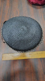 Vintage 1960s Black Straw Pillbox Hat Textured Mesh Grid Ribbon Bow Cocktail
