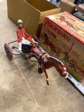 vintage 50s German "Arabian" wind-up harness racing trotter Sulky toy Box Minty