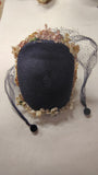 Vintage 1950s Black Woven Straw Half Hat Juliet Cap Floral Millinery Net Veil