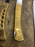 Vintage Brass Pocket Knifes 4" Folding Egyptian hieroglyphics Lockback Blade Lot