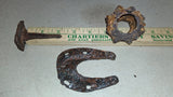 Antique Wrought Iron Relics Lot 3" Vtg Pony Horseshoe T-Spike & Cast Iron Sleeve