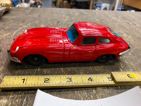 50's Bandai Jaguar XKE E type Tin Toy Japan Friction Car Vtg Pressed Steel Red!