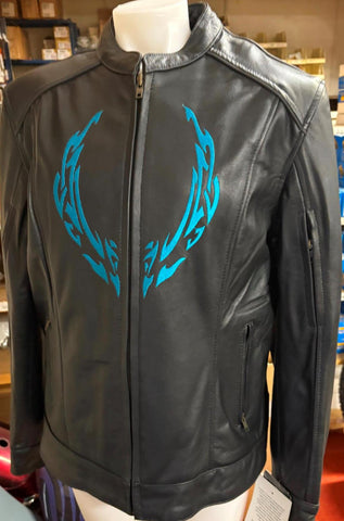 UNIK PREMIUM LADIES 2X-LARGE LEATHER JACKET BLUE EMBROIDER VENTED ZIP OUT LINING