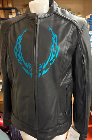 UNIK PREMIUM LADIES X-LARGE LEATHER JACKET BLUE EMBROIDER VENTED ZIP OUT LINING