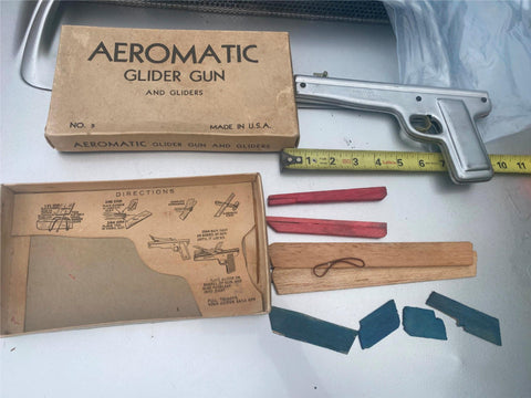 Vtg Steel Jakel Aeromatic Glider Gun Wood Airplane toy Original Box Detroit