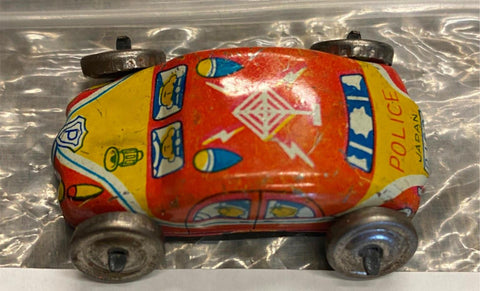 Vtg Japan Tin Toy Metal Wheels Police Car Pressed Steel Mini Collectible!