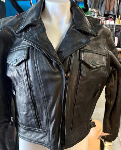 NEW UNIK ULTRA LEATHER MOTORCYCLE JACKET LADIES SIZE LARGE ZIP OUT LINING VENTED