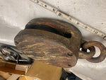 Vtg Antique Tall ship Sail Boat Riggin Block Tackle Pulley Wood Metal Cast Hook