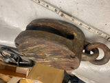 Vtg Antique Tall ship Sail Boat Riggin Block Tackle Pulley Wood Metal Cast Hook