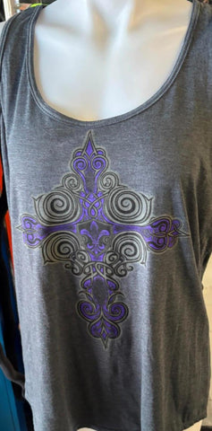 LADIES SIZE XL TANK TOP GRAY WITH PURPLE CROSS