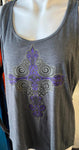 LADIES SIZE MED TANK TOP GRAY WITH PURPLE CROSS