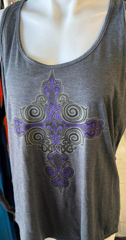 LADIES SIZE MED TANK TOP GRAY WITH PURPLE CROSS