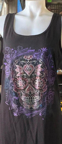 HOT LEATHERS LADIES SIZE SMALL TOP BLACK WITH BLING SUGAR SKULL