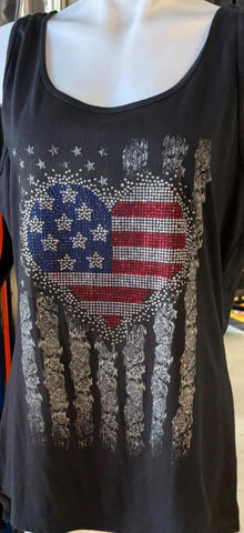 HOT LEATHERS LADIES SIZE 2 XL AMERICANA HEART AND ROSES BLING TANK TOP