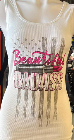 HOT LEATHERS LADIES SIZE XL WHITE RIBBED TANK TOP "BEAUTIFUL BADASS"