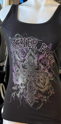 HOT LEATHERS LADIES SIZE MEDIUM BLACK TANK TOP BLING CROSS "FOREVER FREE'