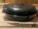 New Black White Speckled  Graniteware Oval Roasting Pan Vtg Cookware Turkey