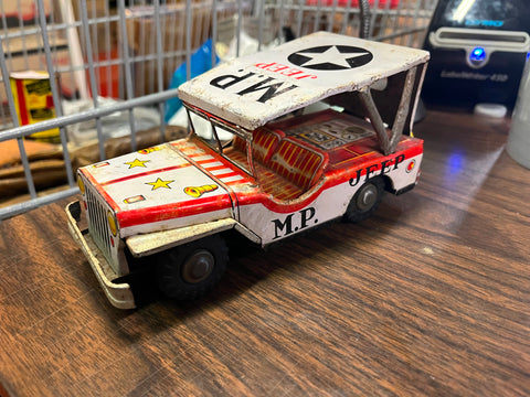 Vintage 1960s Japan Tin Litho M.P. Jeep Friction Military Army Car Toy White