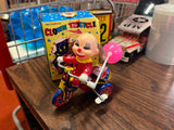 Vintage Mechanical Clown Tricycle MTU Tin Bell Happy Days Pink Balloon Korea