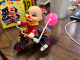Vintage Mechanical Clown Tricycle MTU Tin Bell Happy Days Pink Balloon Korea