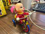 Vintage Mechanical Clown Tricycle MTU Tin Bell Happy Days Pink Balloon Korea