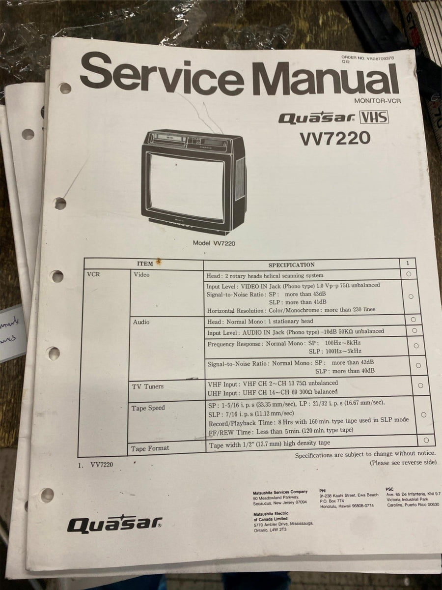 Quasar VHS Monitor-VCR Model VV7220 Repair Service Book Manual dealer ...