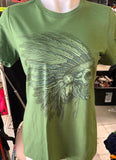 LADIES SIZE MEDIUM TSHIRT GREEN WITH NATIVE AMERICAN HEADRESS PRINT