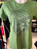 LADIES SIZE LARGE TSHIRT GREEN WITH NATIVE AMERICAN HEADRESS PRINT