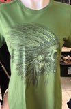 LADIES SIZE SMALL TSHIRT GREEN WITH NATIVE AMERICAN HEADRESS PRINT