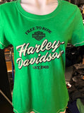 HARLEY DAVIDSON LADIES SIZE MEDIUM GREEN TSHIRT "FREE TO RIDE"