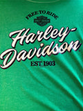 HARLEY DAVIDSON LADIES SIZE MEDIUM GREEN TSHIRT "FREE TO RIDE"