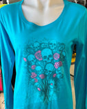 HOT LEATHERS LADIES SIZE SMALL TEAL LONG SLEEVE TSHIRT SKULL BOUQUET PRINT